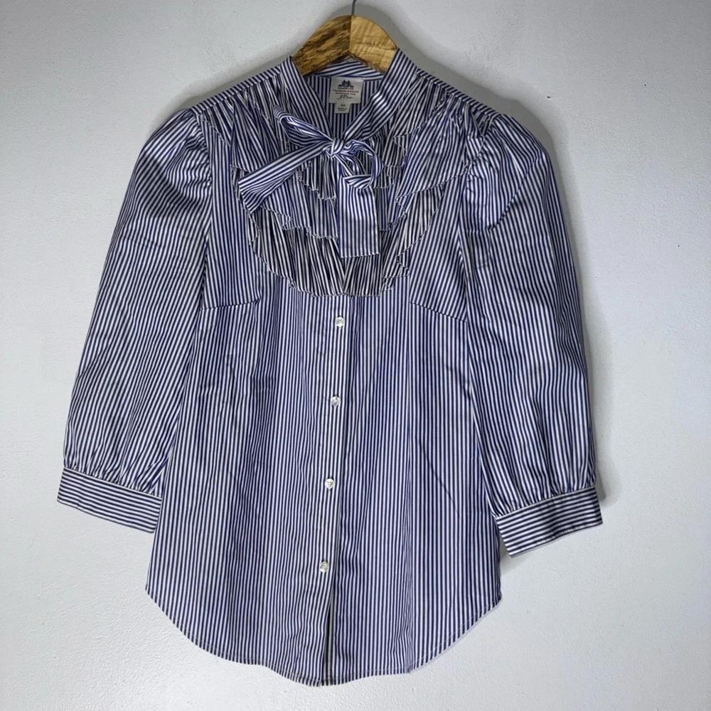 J Crew Thomas Mason Ruffle Navy & White Striped‎ Tie Neck Shirt Size 00